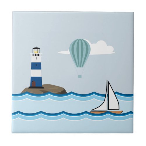 Nautical Scene with Lighthouse and Sailboat Tile