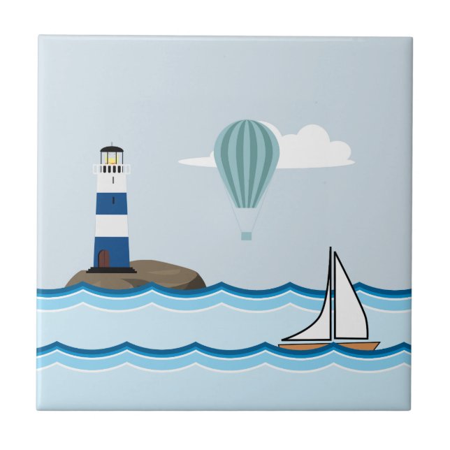 Nautical Scene with Lighthouse and Sailboat Tile (Front)