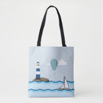 Nautical Scene with Lighthouse and Sailboat Tote Bag