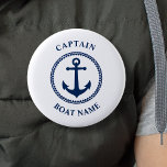 Nautical Sea Anchor Captain Boat Name Navy Button<br><div class="desc">Navy Blue Nautical Sea Anchor and Your Personalized Boat Name and Customizable Captain Rank Button.</div>