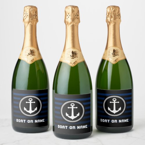 Nautical Sea Anchor Captain Name and Boat Navy Sparkling Wine Label
