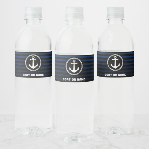 Nautical Sea Anchor Captain Name and Boat striped Water Bottle Label