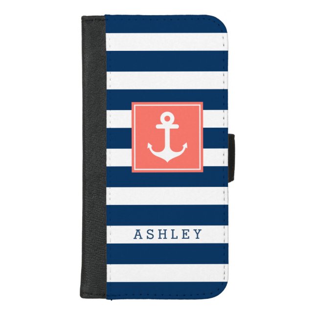 Nautical Sea Anchor Navy White Stripes Monogram iPhone Wallet Case (Front)