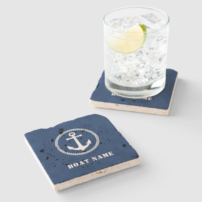 Nautical Sea Anchor With Your Boat Name on Blue Stone Coaster (Side)