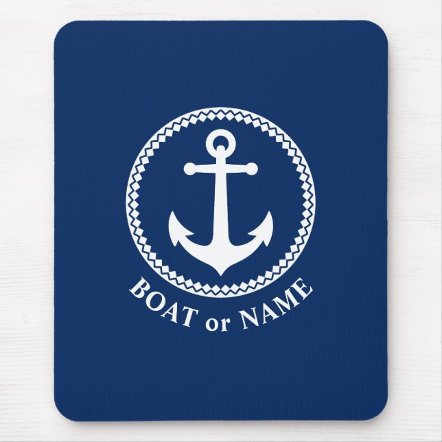 Nautical Sea Anchor Your Boat or Name Navy Blue Mouse Pad (Front)