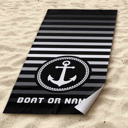 Nautical Sea Anchor Your Name or Boat Black Beach Towel