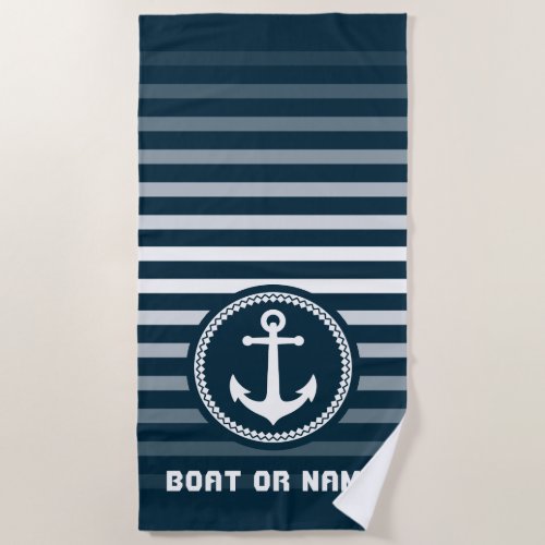 Nautical Sea Anchor Your Name or Boat Deep Aqua Beach Towel