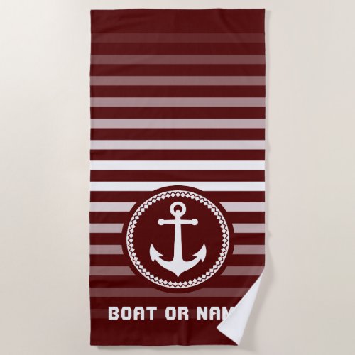 Nautical Sea Anchor Your Name or Boat Deep Red Beach Towel