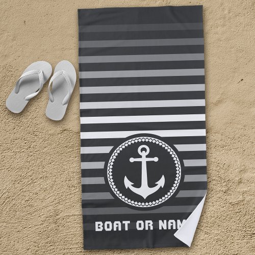 Nautical Sea Anchor Your Name or Boat Gray  White Beach Towel