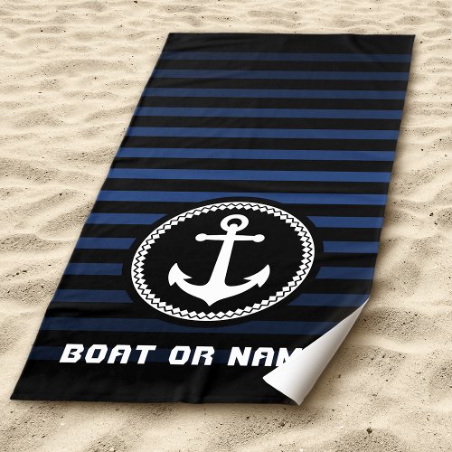 Nautical Sea Anchor Your Name or Boat Navy  Black Beach Towel