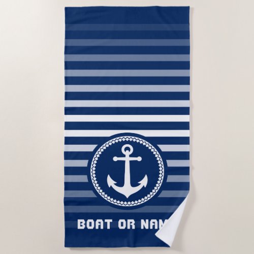 Nautical Sea Anchor Your Name or Boat Navy Blue Beach Towel