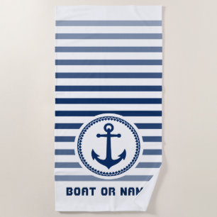 Nautical Sea Anchor Your Name or Boat Navy & White Beach Towel