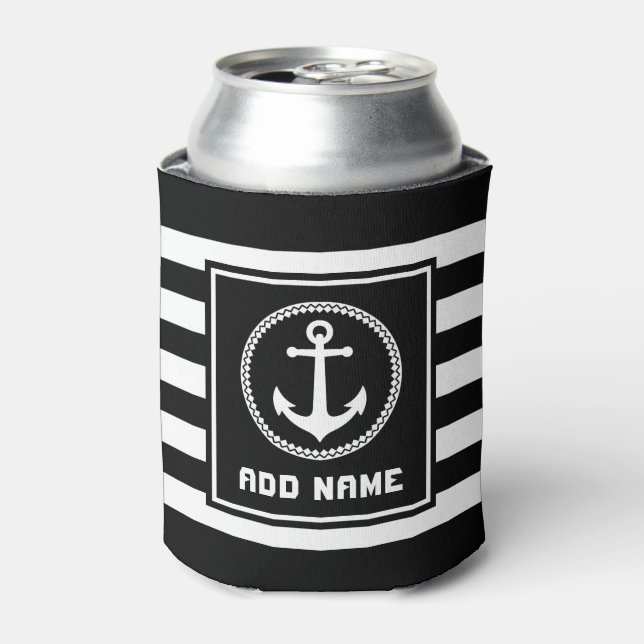 Nautical Sea Anchor Your Name or Boat Stripped Can Cooler (Can Front)