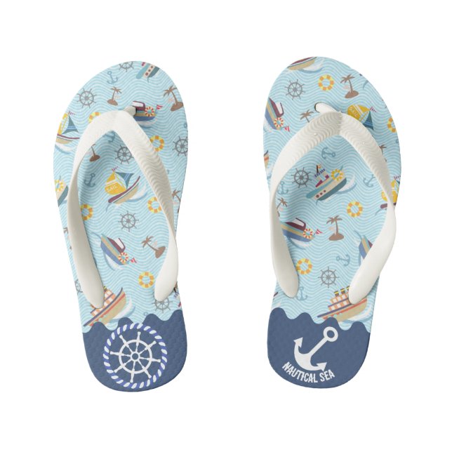 Nautical Sea Blue Kid's Flip Flops (Footbed)