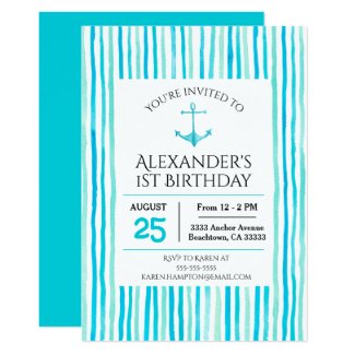 Nautical Sea Blue Watercolor 1st Birthday Invitation