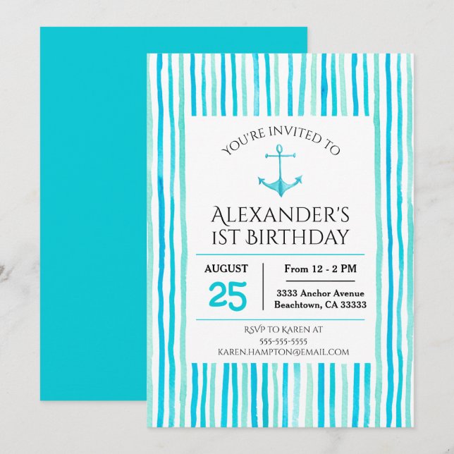 Nautical Sea Blue Watercolor 1st Birthday Invitation (Front/Back)