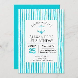 Nautical Sea Blue Watercolor 1st Birthday Invitation