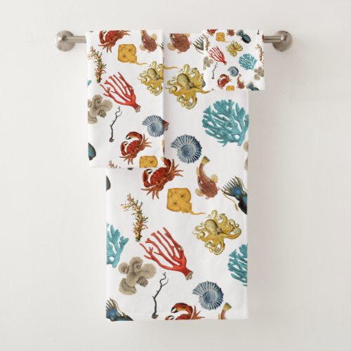 nautical sea coral monsters pattern vintage aged bath towel set