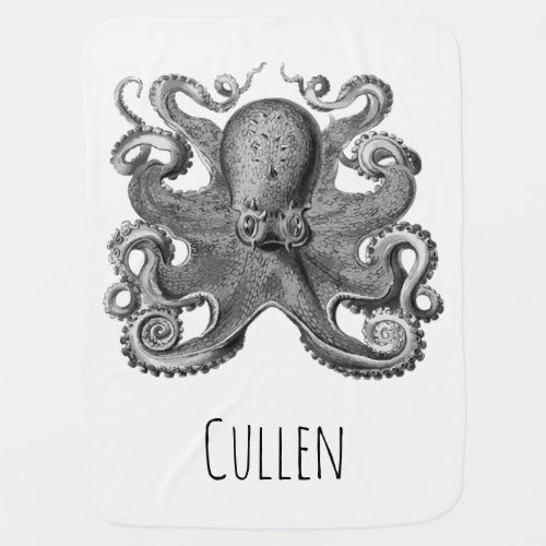 Nautical Sea Creature Gray Octopus  Babys Name Receiving Blanket