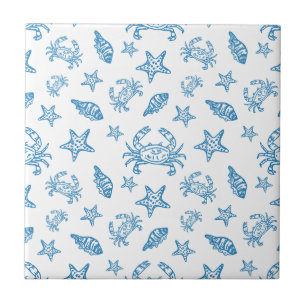 Nautical Sea Creatures Doodle Pattern Ceramic Tile