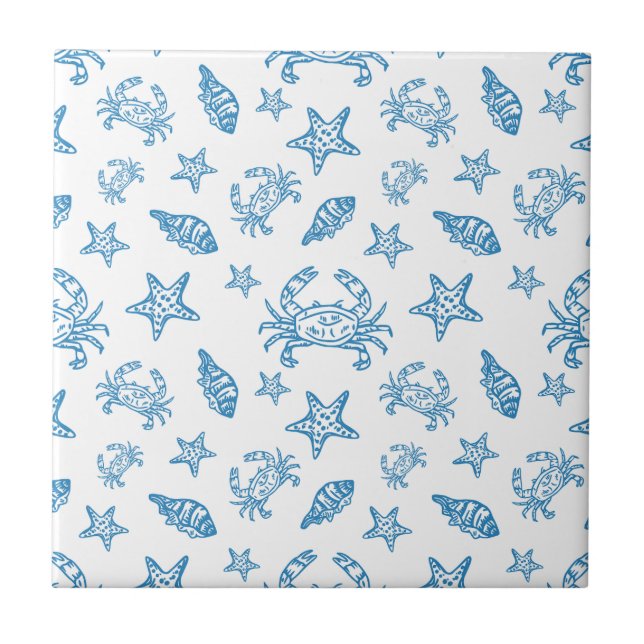 Nautical Sea Creatures Doodle Pattern Ceramic Tile (Front)