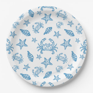 Nautical Sea Creatures Doodle Pattern Paper Plates