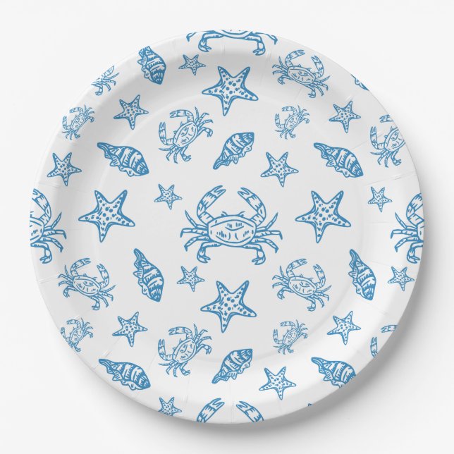 Nautical Sea Creatures Doodle Pattern Paper Plates (Front)