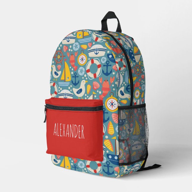 Nautical Sea Life Personalized Printed Backpack (Back Corner Right)