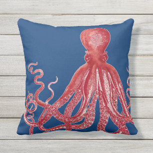 Nautical Sea Life Red Octopus Modern Vintage 3 Throw Pillow