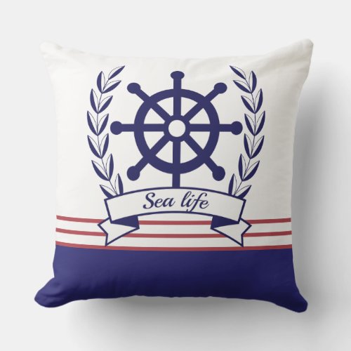 Nautical sea life  Ship wheel Blue and White  Outdoor Pillow