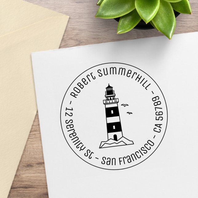 Nautical Sea Lighthouse Round Address 3 Rubber Stamp (Creator Uploaded)