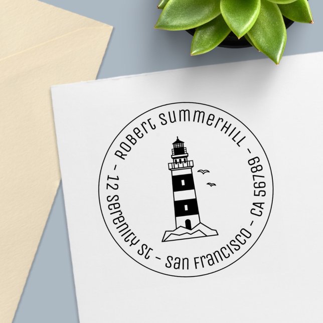 Nautical Sea Lighthouse Round Address 4 Self-inking Stamp (Creator Uploaded)