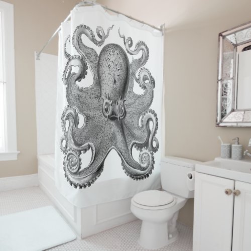 Nautical sea Octopus decor gray black white shower Shower Curtain