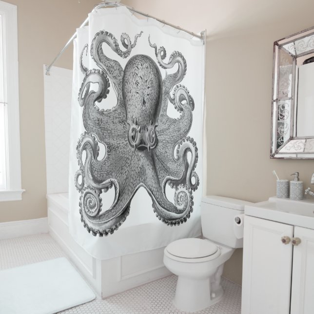 Nautical sea Octopus decor gray black white shower Shower Curtain (In Situ)