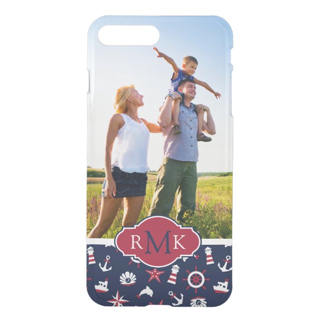 Nautical Sea Pattern| Your Photo & Monogram Uncommon iPhone Case (Back)