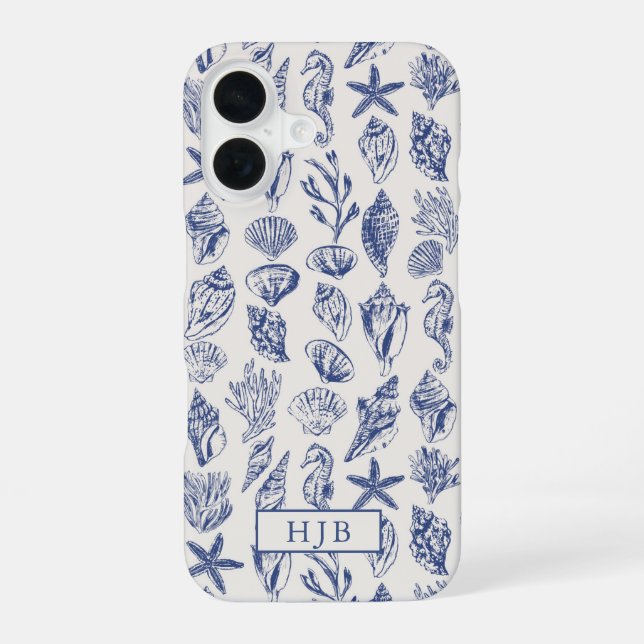 Nautical Sea Shells Blue Sketch Monogram Iphone Case (Back)