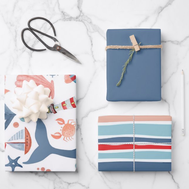 Nautical Sea Stripes Anchor Seashells Starfish Wrapping Paper Sheets (Front)