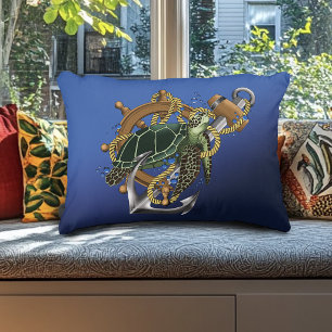 Nautical Sea Turtle Anchor Ship Wheel Blue Accent Pillow