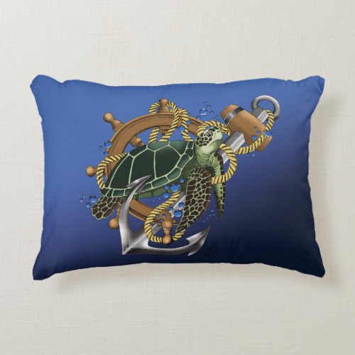 Nautical Sea Turtle Anchor Ship Wheel Blue Accent Pillow