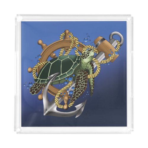 Nautical Sea Turtle Anchor Ship Wheel Blue Acrylic Tray