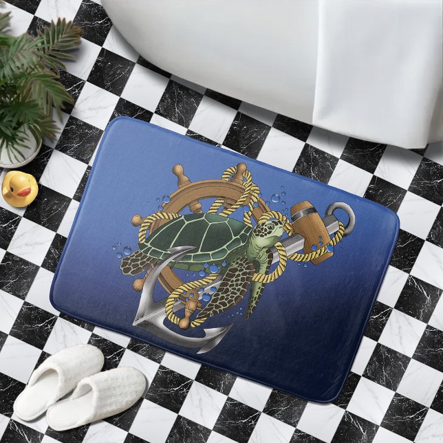 Nautical Sea Turtle Anchor Ship Wheel Blue Bath Mat (Creator Uploaded)