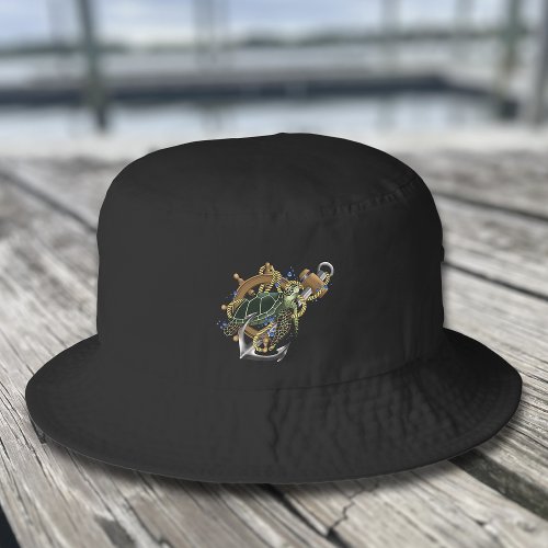 Nautical Sea Turtle Anchor Ship Wheel Blue Bucket Hat