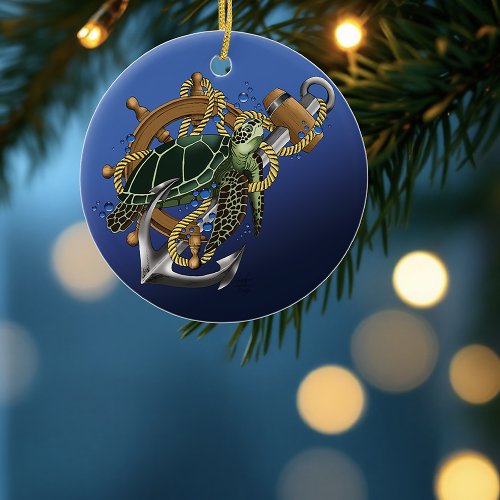 Nautical Sea Turtle Anchor Ship Wheel Blue Ceramic Ornament