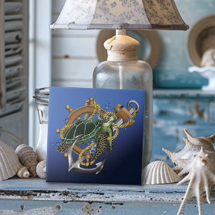 Nautical Sea Turtle Anchor Ship Wheel Blue Ceramic Tile