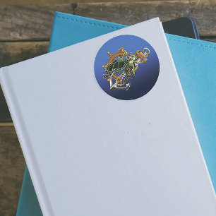 Nautical Sea Turtle Anchor Ship Wheel Blue Classic Round Sticker