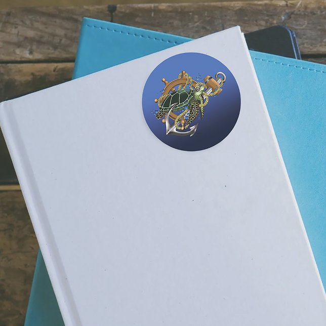 Nautical Sea Turtle Anchor Ship Wheel Blue Classic Round Sticker (Creator Uploaded)