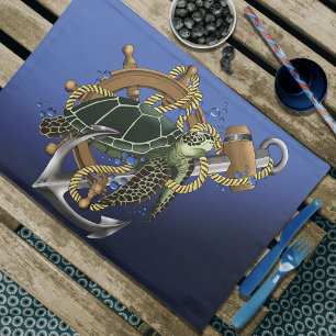 Nautical Sea Turtle Anchor Ship Wheel Blue Cloth Placemat