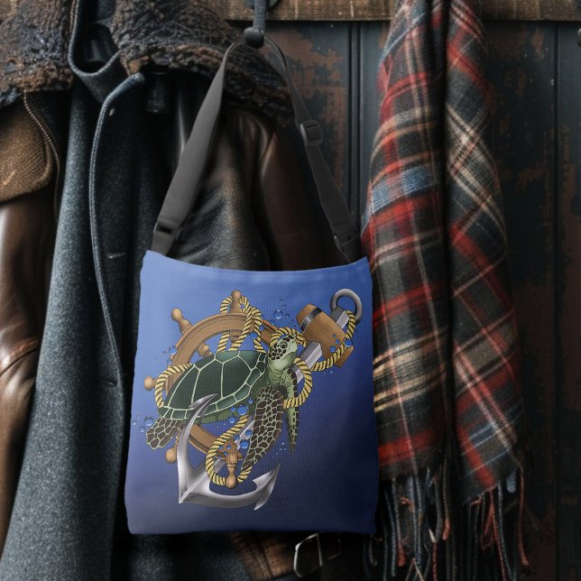 Nautical Sea Turtle Anchor Ship Wheel Blue Crossbody Bag (Creator Uploaded)