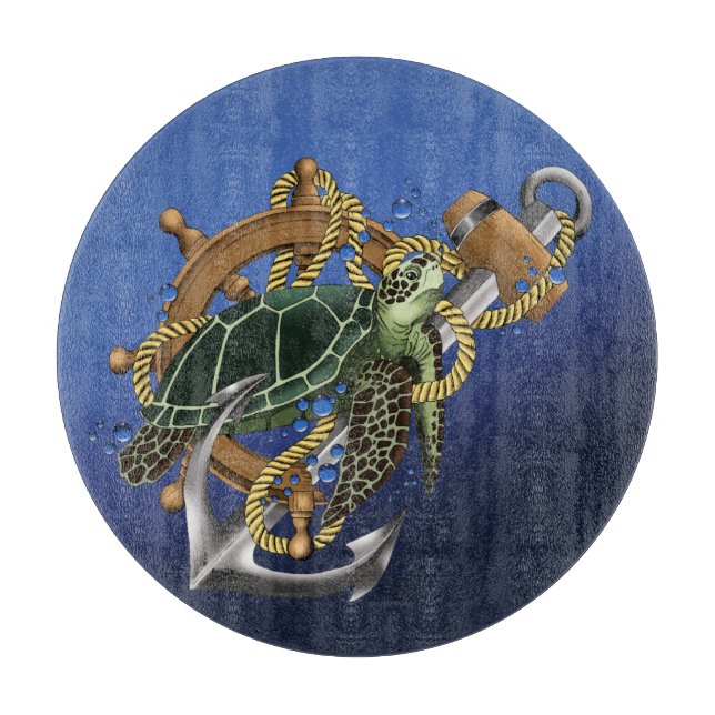 Nautical Sea Turtle Anchor Ship Wheel Blue Cutting Board (Front)