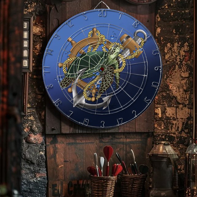 Nautical Sea Turtle Anchor Ship Wheel Blue Dart Board (Creator Uploaded)